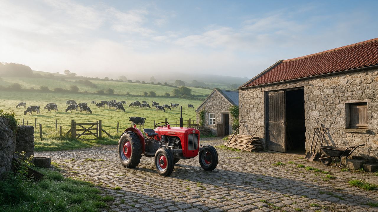 Farmyard with a tractor beside a stone barn and dairy cattle in the fields beyond