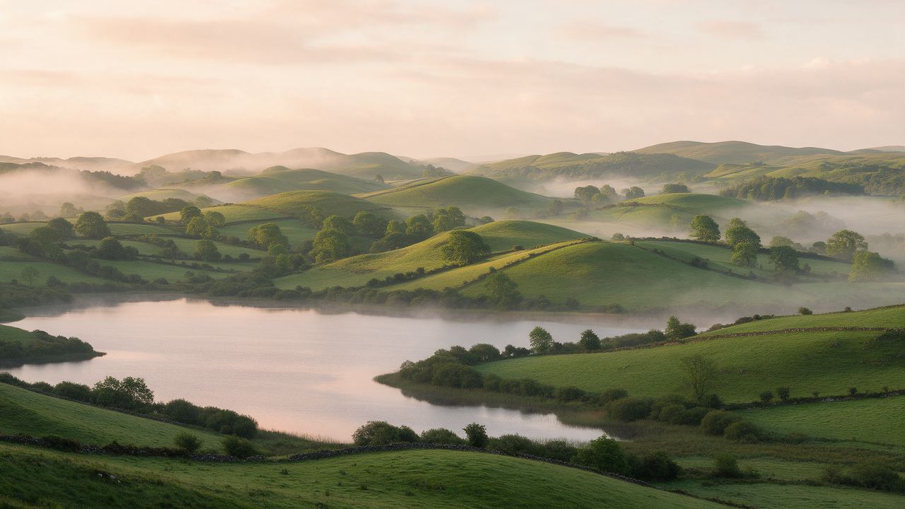 Misty morning over the lakes and drumlin hills of County Fermanagh