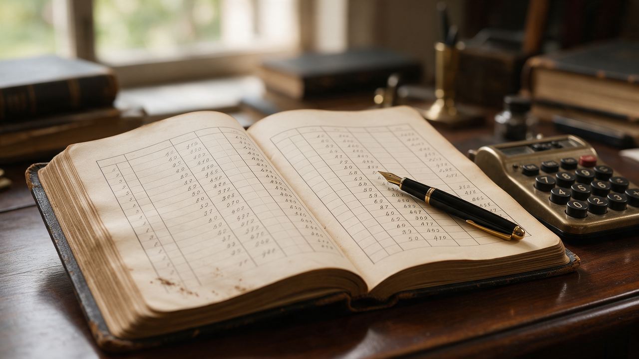 Open accounts ledger with a calculator and pen on a wooden desk