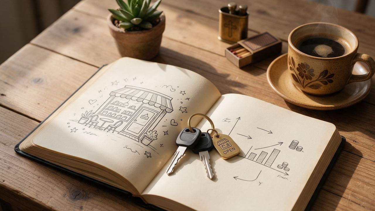 Shop keys on an open notebook with a sketched business plan