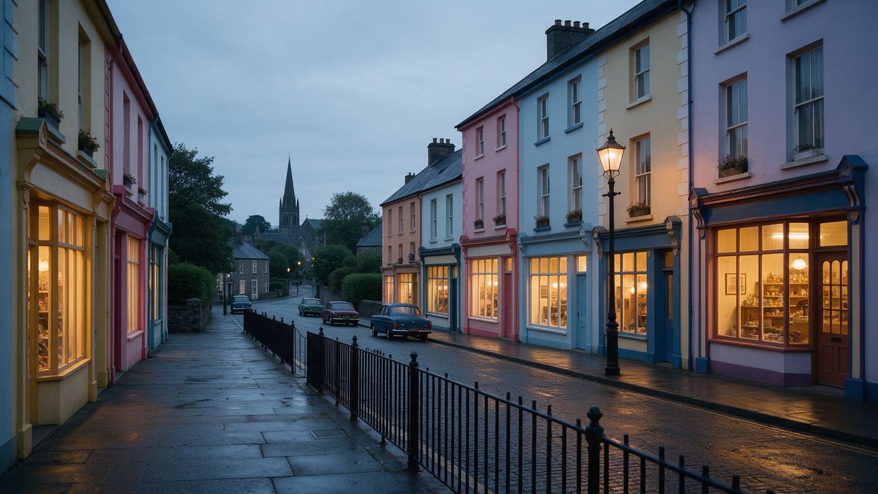 A market town main street at dusk